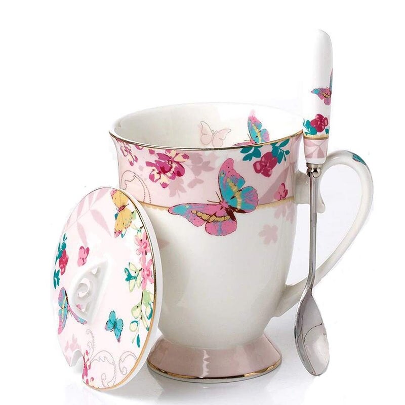 Eplze YBK Tech Euro Style Porcelain Tea Cup Coffee Mug with Lid for Breakfast Home Kitchen (((Butterflies Pattern) (Pink))) - Image 1
